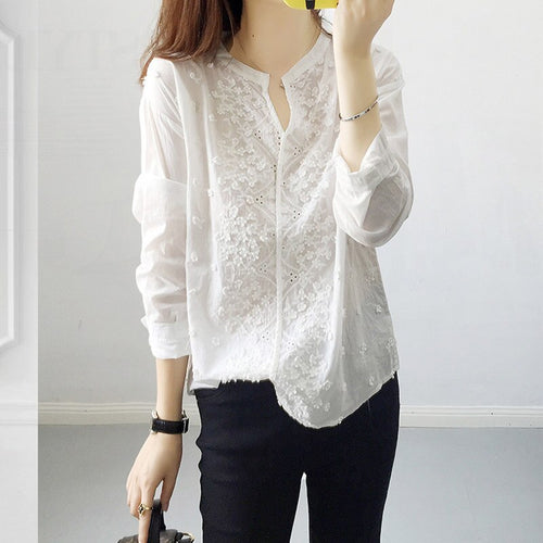 2021 New Pure Cotton Long-sleeved Shirt Korean Style Temperament All-match V-neck Hollow Embroidered White Tops