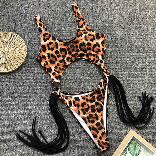 2021 New Sexy Leopard Swimwear Tummy Cut Out One Piece Swimsuit Female Tassel Bather Hollow Out Bathing Suit Swim Wear Lady 3880