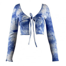 Load image into Gallery viewer, 2021 New Sexy Women&#39;s Tshirt Autumn Tie-Dye Lace-Up Tee Tops Korean Fashion High Waist Short t Shirt Blue V Neck Camiseta