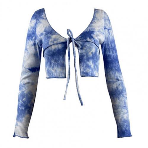 2021 New Sexy Women's Tshirt Autumn Tie-Dye Lace-Up Tee Tops Korean Fashion High Waist Short t Shirt Blue V Neck Camiseta