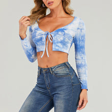 Load image into Gallery viewer, 2021 New Sexy Women&#39;s Tshirt Autumn Tie-Dye Lace-Up Tee Tops Korean Fashion High Waist Short t Shirt Blue V Neck Camiseta