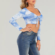 Load image into Gallery viewer, 2021 New Sexy Women&#39;s Tshirt Autumn Tie-Dye Lace-Up Tee Tops Korean Fashion High Waist Short t Shirt Blue V Neck Camiseta
