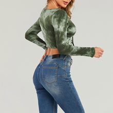 Load image into Gallery viewer, 2021 New Sexy Women&#39;s Tshirt Autumn Tie-Dye Lace-Up Tee Tops Korean Fashion High Waist Short t Shirt Blue V Neck Camiseta