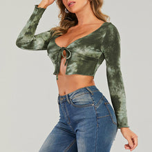 Load image into Gallery viewer, 2021 New Sexy Women&#39;s Tshirt Autumn Tie-Dye Lace-Up Tee Tops Korean Fashion High Waist Short t Shirt Blue V Neck Camiseta