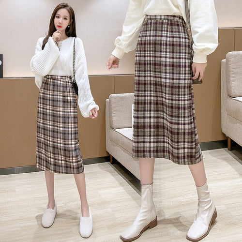 2021 New Spring Autumn Women A-Line Skirts High Waist Checkered Plaid Korean Style Fashionable Split Vintage Midi Skirts