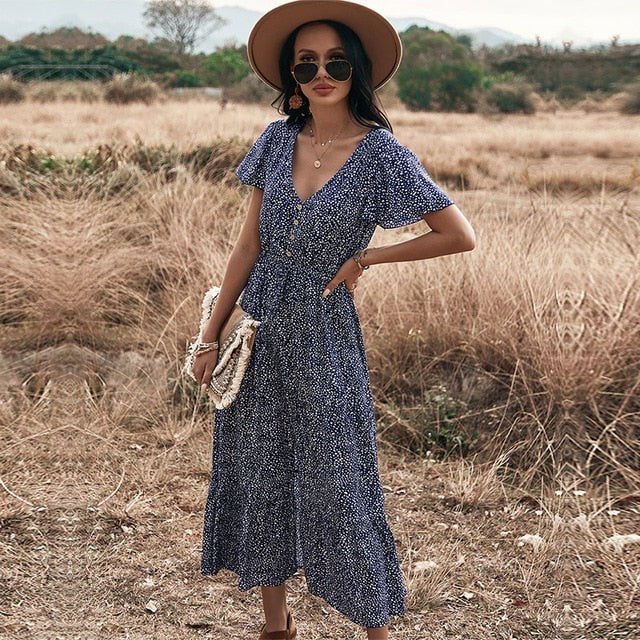 2021 New Spring Print Long Dress Women V Neck Short Sleeve Lace Up Button Dress For Woman Sexy Leopard Summer Dress