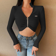 Load image into Gallery viewer, 2021 New Spring Summer Full Sleeve Shirring Crop Top Women Casual V Neck Zipper Ladies Sexy Slim Pullover Tops