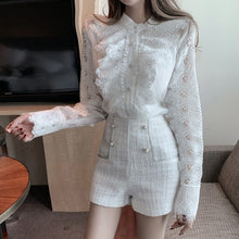 Load image into Gallery viewer, 2021 New Spring Two piece set Women Lace Embroidery Hollow out  Ruffles Shirt Top + Tweed Short pants Suits