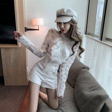 Load image into Gallery viewer, 2021 New Spring Two piece set Women Lace Embroidery Hollow out  Ruffles Shirt Top + Tweed Short pants Suits