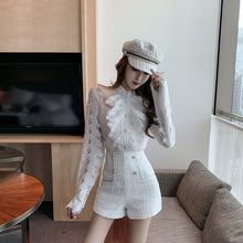 Load image into Gallery viewer, 2021 New Spring Two piece set Women Lace Embroidery Hollow out  Ruffles Shirt Top + Tweed Short pants Suits