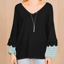 Load image into Gallery viewer, 2021 New Spring Women Blouse V Neck Long Sleeve Lace Pullovers Casual  Patchwork Stiped Loose Ladies Blouses and Shirts Blusas