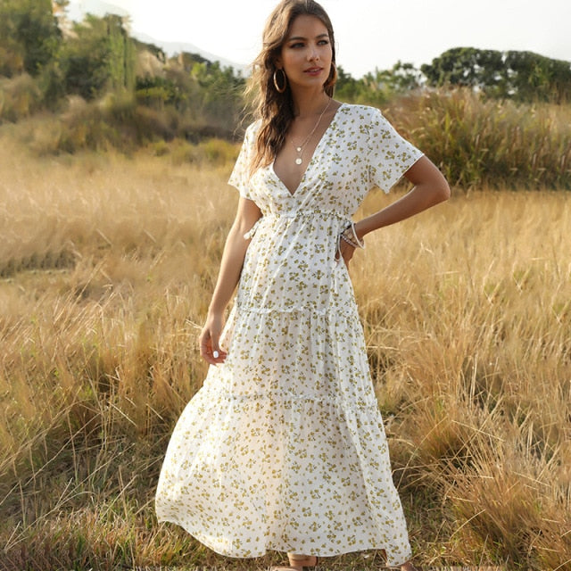 2021 New Spring Women's Bohemian Ruffled Floral Printed Dress Sexy Boho Style Deep V-neck Long Summer Dress