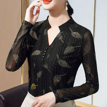 Load image into Gallery viewer, 2021 New Spring Women&#39;s Tops Fashion Feather Print Base T-Shirt Long Sleeve Mesh Black V-Neck Women Tees Plus Size Blusas