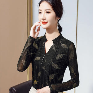 2021 New Spring Women's Tops Fashion Feather Print Base T-Shirt Long Sleeve Mesh Black V-Neck Women Tees Plus Size Blusas