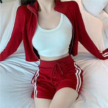 Load image into Gallery viewer, 2021 New Striped Casual Suits Ladies Zipper Sports Long Sleeve Short Coat + High Waist Drawstring Shorts Two Piece Set