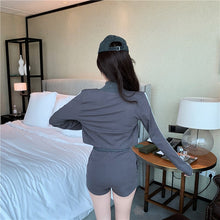 Load image into Gallery viewer, 2021 New Striped Casual Suits Ladies Zipper Sports Long Sleeve Short Coat + High Waist Drawstring Shorts Two Piece Set