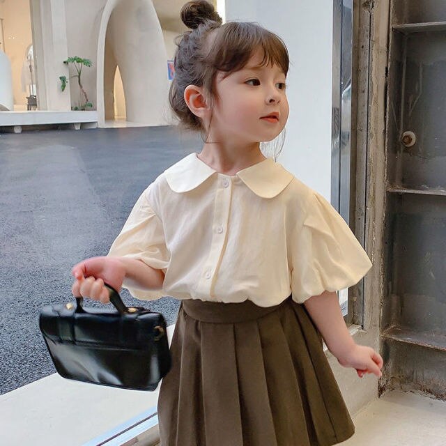 2021 New Style Girls' Summer Suit Three-piece Suits Children's Pleated Princess Skirt Suit Three Piece Puff Sleeve Shirt Clothes
