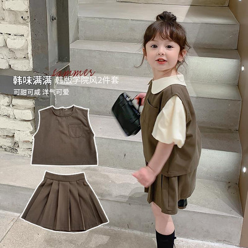 2021 New Style Girls' Summer Suit Three-piece Suits Children's Pleated Princess Skirt Suit Three Piece Puff Sleeve Shirt Clothes
