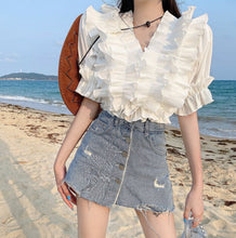 Load image into Gallery viewer, 2021 New Summer Cascading Ruffles Sexy V-Neck Puff Sleeve Women Sweet Solid Color Chic Pullover Blouse Top