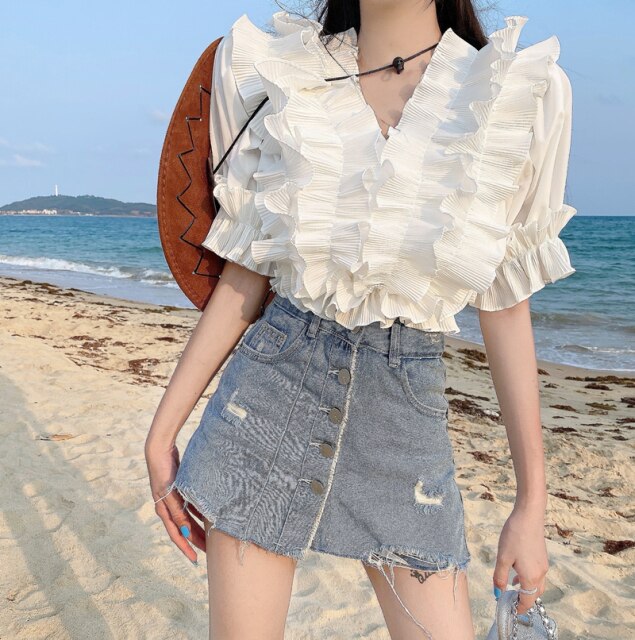 2021 New Summer Cascading Ruffles Sexy V-Neck Puff Sleeve Women Sweet Solid Color Chic Pullover Blouse Top