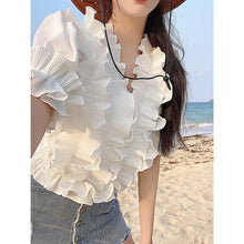 Load image into Gallery viewer, 2021 New Summer Cascading Ruffles Sexy V-Neck Puff Sleeve Women Sweet Solid Color Chic Pullover Blouse Top