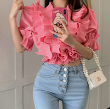 Load image into Gallery viewer, 2021 New Summer Cascading Ruffles Sexy V-Neck Puff Sleeve Women Sweet Solid Color Chic Pullover Blouse Top