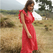 Load image into Gallery viewer, 2021 New Summer Dot Print Dress Women Casual Butterfly Sleeve Ruffles Medium Long Chiffon Dress