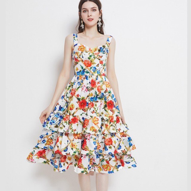 2021 New Summer Fashion Floral Print Beach Dress Women's Spaghetti Strap Backless Sexy Layers Cake Ruffles Long Dress