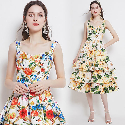 2021 New Summer Fashion Floral Print Beach Dress Women's Spaghetti Strap Backless Sexy Layers Cake Ruffles Long Dress