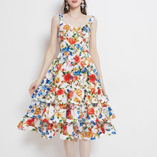 Load image into Gallery viewer, 2021 New Summer Fashion Floral Print Beach Dress Women&#39;s Spaghetti Strap Backless Sexy Layers Cake Ruffles Long Dress