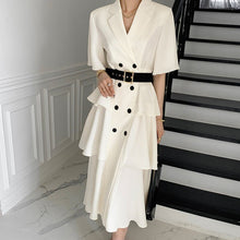 Load image into Gallery viewer, 2021 New Summer Fashion Work Wear Notched Collar Elegant Double Breasted Ruffles OL Casual Dresses Female Vestidos