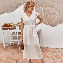 Load image into Gallery viewer, 2021 New Summer Ladies Vintage Lace Up Dress Women Ruffles V-neck Solid High Waist Black White Mid-calf Elegant Dress