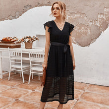 Load image into Gallery viewer, 2021 New Summer Ladies Vintage Lace Up Dress Women Ruffles V-neck Solid High Waist Black White Mid-calf Elegant Dress