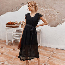 Load image into Gallery viewer, 2021 New Summer Ladies Vintage Lace Up Dress Women Ruffles V-neck Solid High Waist Black White Mid-calf Elegant Dress