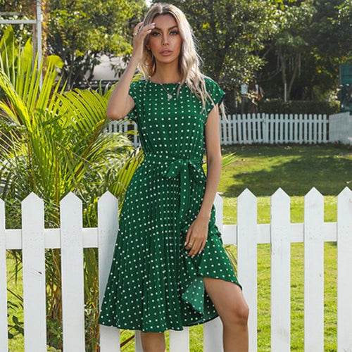 2021 New Summer Polka Dots Sleeveless Pleated Dresses For Women High Waist Midi Elegant Office Green Lady Dinner Party Clothes