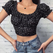 Load image into Gallery viewer, 2021 New Summer Sexy Slash Neck Crop Top Women Casual Zipper Star Print Bodycon Ladies Short Sleeve T shirt Top