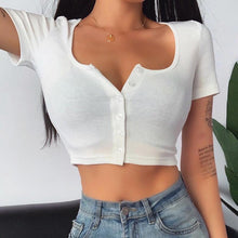 Load image into Gallery viewer, 2021 New Summer Sexy Solid Tank Top For Women Casual Short Sleeve Button Knitted Cardigan Slim Crop Top Female