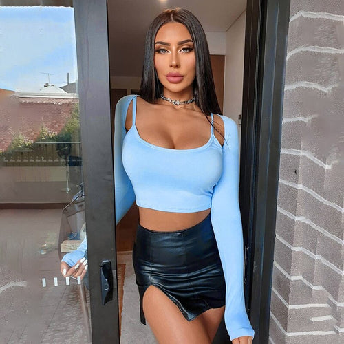 2021 New Summer Sexy Tank Top Two Piece Set For Women Full Sleeve Solid Slim Crop Top Ladies Fashion Short Pullover Tops