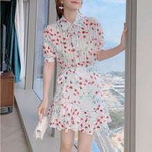 Load image into Gallery viewer, 2021 New Summer Two-piece Set Women Chiffon Flower Print Lapel Short Sleeve Blouses + Ruffles Mini Skirt  Female Sweet Outfit