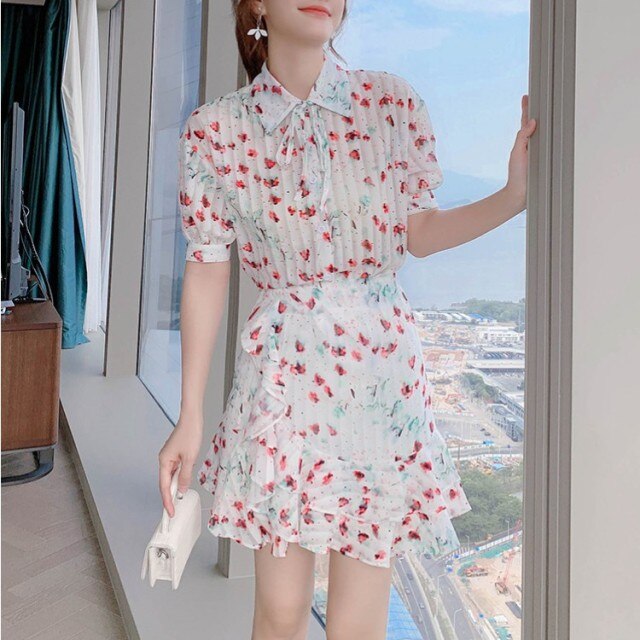 2021 New Summer Two-piece Set Women Chiffon Flower Print Lapel Short Sleeve Blouses + Ruffles Mini Skirt  Female Sweet Outfit