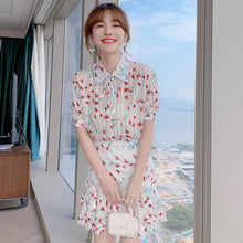 Load image into Gallery viewer, 2021 New Summer Two-piece Set Women Chiffon Flower Print Lapel Short Sleeve Blouses + Ruffles Mini Skirt  Female Sweet Outfit