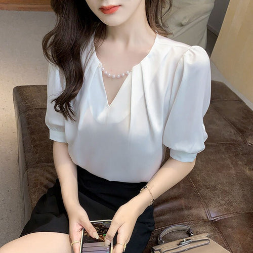 2021 New Summer Women Blouses Casual Loose Half Sleeve V-Neck Beading Chiffon Shirts Fashion Elegant Office Lady Tops Clothing
