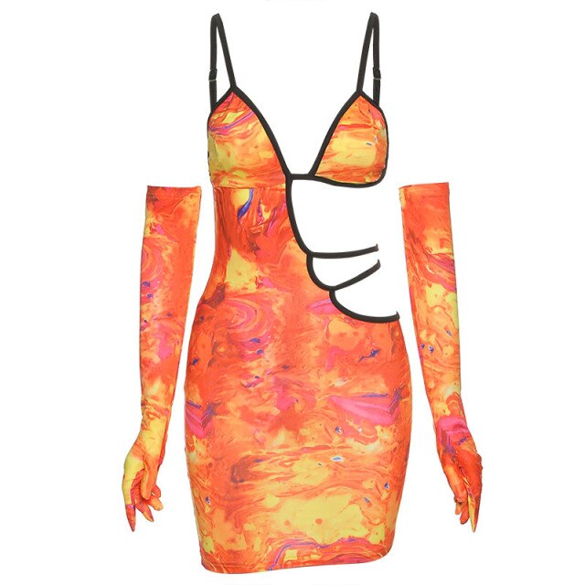 2021 New Summer Women Dress Spaghetti Strap Dress V Neck Sexy Hollow Out Backless Buttocks Printing Green Orange