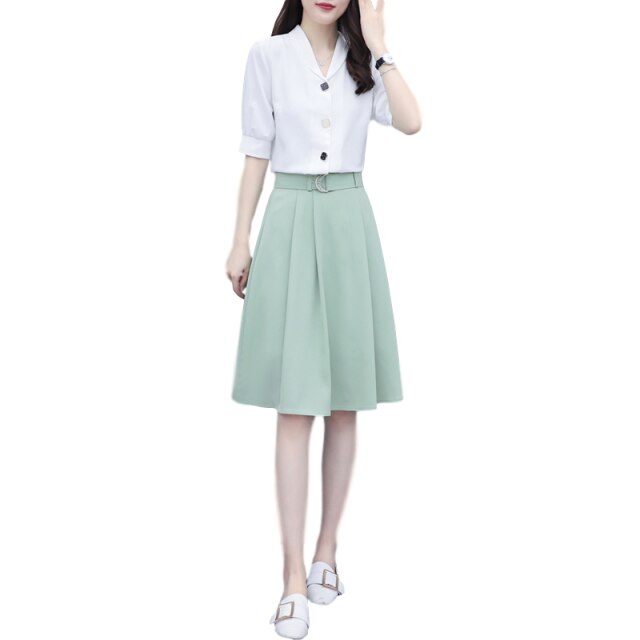 2021 New Summer Women Sets Casual V Neck Single Breasted Crop Tops High Waist A-line Solid Color Midi Skirt Two Piece Set X80