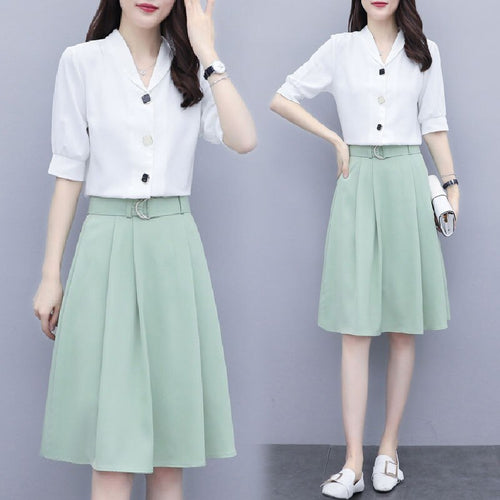 2021 New Summer Women Sets Casual V Neck Single Breasted Crop Tops High Waist A-line Solid Color Midi Skirt Two Piece Set X80