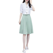 Load image into Gallery viewer, 2021 New Summer Women Sets Casual V Neck Single Breasted Crop Tops High Waist A-line Solid Color Midi Skirt Two Piece Set X80