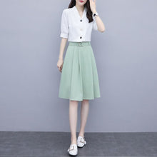 Load image into Gallery viewer, 2021 New Summer Women Sets Casual V Neck Single Breasted Crop Tops High Waist A-line Solid Color Midi Skirt Two Piece Set X80