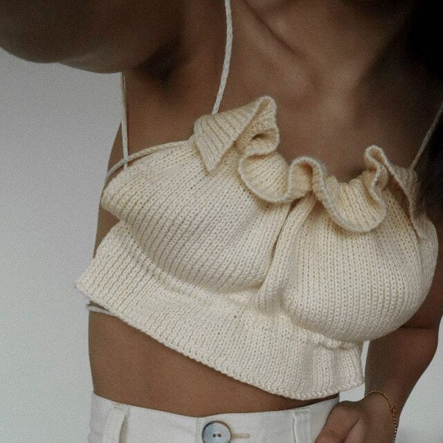 2021 New Summer Women Tank Top Ruffles Backless Sexy Slash Neck Apricot Black White Fashion Temperament Lady Beautiful