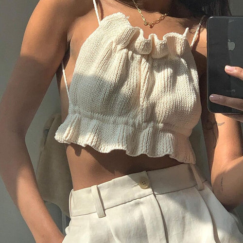 2021 New Summer Women Tank Top Ruffles Backless Sexy Slash Neck Apricot Black White Fashion Temperament Lady Beautiful