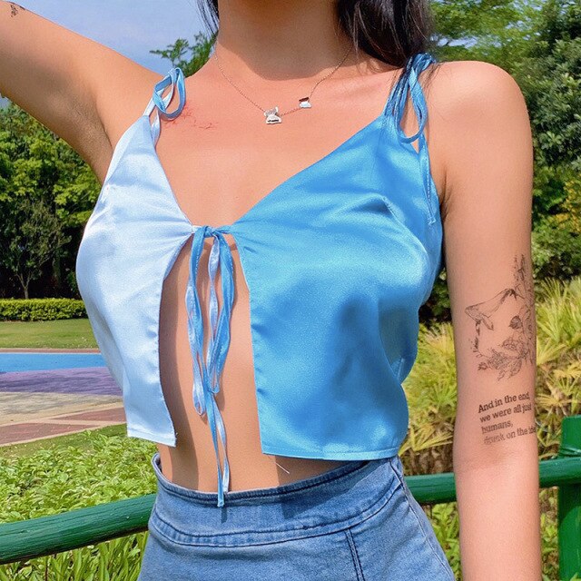 2021 New Summer Women Tank Top Sexy Color Contrast Navel Camisole V Neck Blue Fashion Temperament Lady Beautiful
